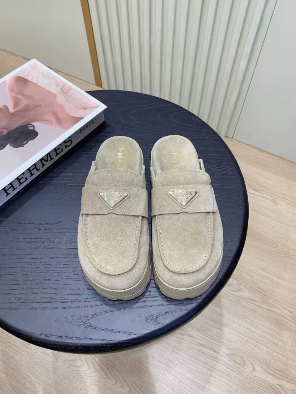 Prada suede platform mule slides